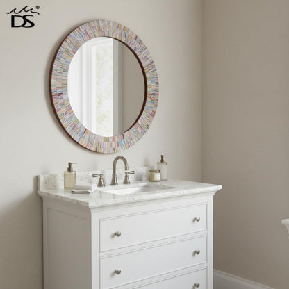 Bohemian Rainbow Wall Mirror -Glass Mosaic Mirror Decorative Wall Mirror, Multi Color Spectrum Wall Mountable, 24" Multi-Color Round Framed Mirror