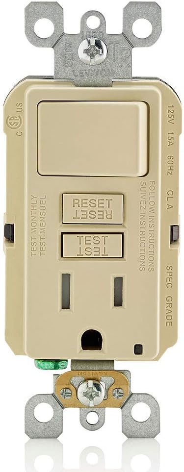 Leviton GFCI Combination Outlet with Switch, 15 Amp, Self Test, Tamper-Resistant with LED Indicator Light, Saves Space, GFSW1-I, Ivory