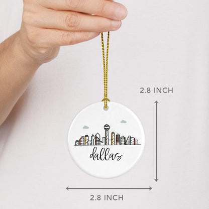 Andaz Press Round Ceramic Porcelain Christmas Tree Ornament Keepsake Gift, Colorful Dallas City Skyline, 1-Pack, Birthday Ideas Family Coworker Gift, Includes Box