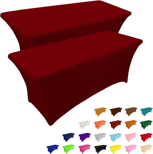 IVAPUPU 2 Pack 8FT Table Cloth for Rectangular Fitted Events Stretch Burgundy Table Covers Washable Cover Spandex Tablecloth Protector for Party, Wedding, Cocktail, Banquet, Festival