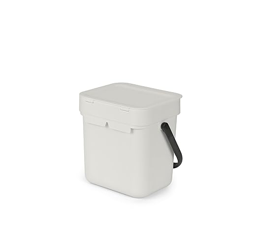 Brabantia Sort & Go Kitchen Countertop Food Scraps Compost Bin | XS / 0.8 Gal / 3L | Light Gray | Removable Stay-Open Lid, Carry Handle, Easy-Clean Recycling Box | Wall Bracket Sold Separately