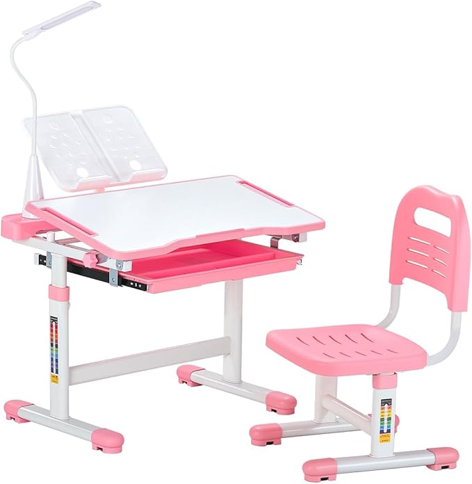 VEVOR Kids Study Desk and Chair Set, Learning Table and Chair for Kids with Table Lamp, Adjustable Height & 0-40° Tilted Desktop Toddler Desk and Chair, Table for Bedroom & Study Room, Pink