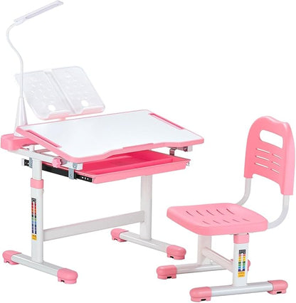 VEVOR Kids Study Desk and Chair Set, Learning Table and Chair for Kids with Table Lamp, Adjustable Height & 0-40° Tilted Desktop Toddler Desk and Chair, Table for Bedroom & Study Room, Pink