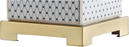 JONATHAN Y 21.5" White and Navy Blue Ceramic Ginger Jar LED Table Lamp, Modern Chinoiserie Fishnet Pattern with White Linen Shade and Brass Gold Base, LED Bulb Included JYL3043A