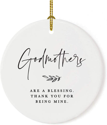 Andaz Press Round Ceramic Porcelain Christmas Tree Ornament Keepsake Collectible Godmother Gift, Godmothers are a Blessing. Thank You for Being Mine. Antique Handdrawn, 1-Pack