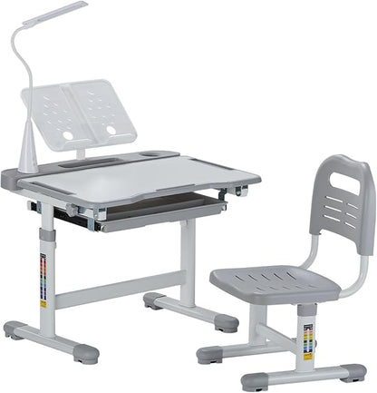 VEVOR Kids Study Chair and Desk Set, Study Desk and Chair for Kids with Table Lamp, Adjustable Height & 0-40° Tilted Desktop Kids Desk and Chair, Children Study Table for Bedroom & Study Room, Grey