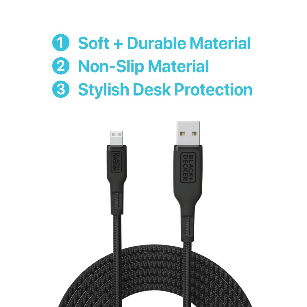 BLACK+DECKER Lightning to USB Cable - Fast Compatible iPhone Lightning Cable - Durable Braided iPhone Charger Cord - for Travel and Daily Use - Multiple Color + Length Options - 6ft