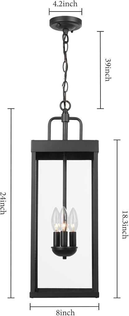 Large Outdoor Pendant Lantern Light Fixture for Front Porch, 24 Inch 3-Light Black Exterior Hanging Chandelier with Clear Glass, Outdoor Indoor Pendant Lamp for Patio, Gazebo, Entryway, Doorway