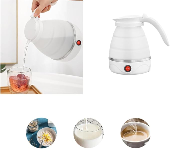 Travel Collapsible Electric Kettle, Silicone Collapsible Heating Water Boiler, Portable Tea Kettle for Coffee Fast Water Boiling Pot with Separable Power Cord 110V (White)
