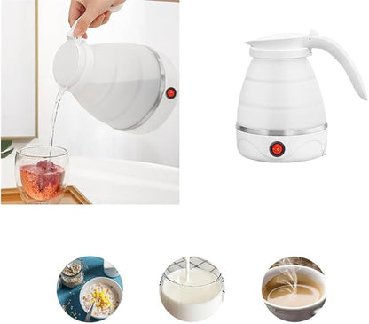 Travel Collapsible Electric Kettle, Silicone Collapsible Heating Water Boiler, Portable Tea Kettle for Coffee Fast Water Boiling Pot with Separable Power Cord 110V (White)