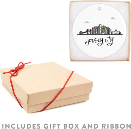 Andaz Press Round Ceramic Porcelain Christmas Tree Ornament Keepsake Gift, Jersey City, Colorful City Skyline Graphic, 1-Pack, Birthday Ideas Family Coworker Him Her, Includes Gift Box