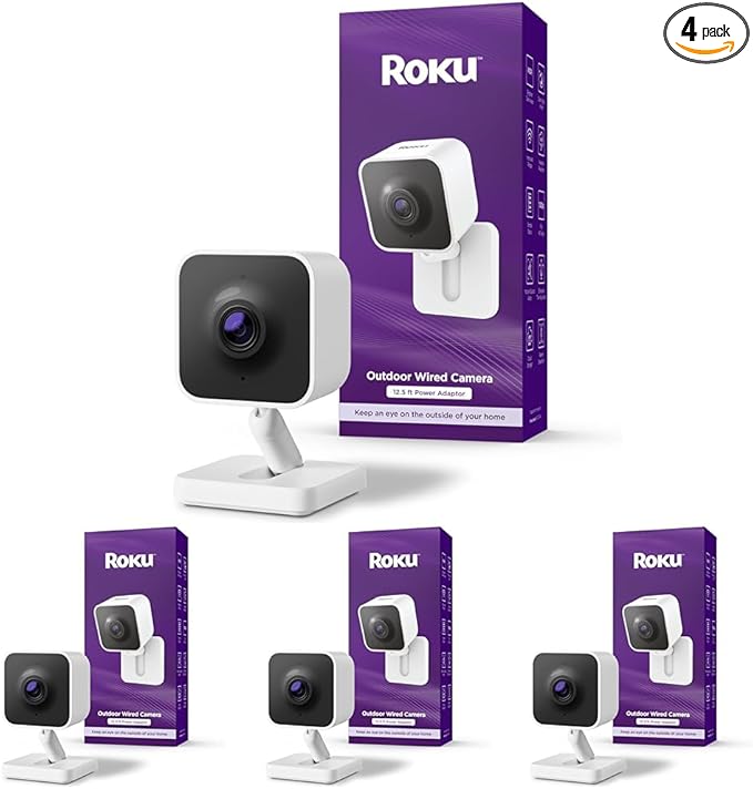 Roku Outdoor Camera - Home Security - IP65 Weather Resistant Wired Security Camera & Pet Monitor with 1080p HD Night Vision, Compatible with Alexa & Google, WDR, Motion & Sound Detection (Pack of 4)