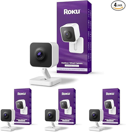 Roku Outdoor Camera - Home Security - IP65 Weather Resistant Wired Security Camera & Pet Monitor with 1080p HD Night Vision, Compatible with Alexa & Google, WDR, Motion & Sound Detection (Pack of 4)