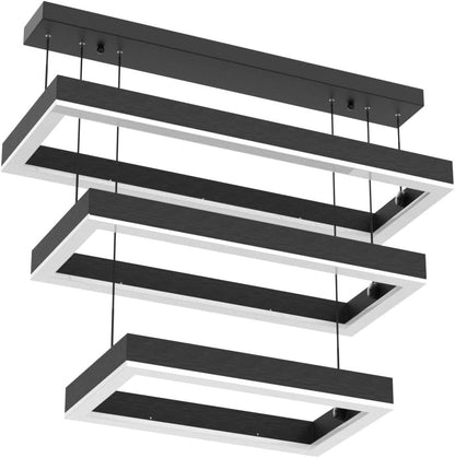 Modern 3 Rings Rectangle Chandelier for Living Room - Adjustable Height Luxury Foyer Lighting Fixture for High Ceiling, Hanging Dining Room LED Pendant Light