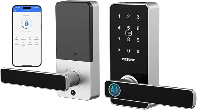 DESLOC B200L Fingerprint Smart Lock with Handle, Keyless Entry Door Locks for Front Door and Bedrooms, App Control, Touchscreen Keypad, Auto-Lock, 12-Month Battery, Emergency Power Port, IP54 Silver