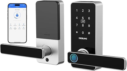 DESLOC B200L Fingerprint Smart Lock with Handle, Keyless Entry Door Locks for Front Door and Bedrooms, App Control, Touchscreen Keypad, Auto-Lock, 12-Month Battery, Emergency Power Port, IP54 Silver