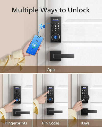 Philips Smart Lock with Handles, Keyless Entry Door Lock Set, Keypad Door Lock with 2 Level Handles, Digital Keypad Deadbolt for Front Door, App Fingerprint PIN Code Unlocking, Auto Locking