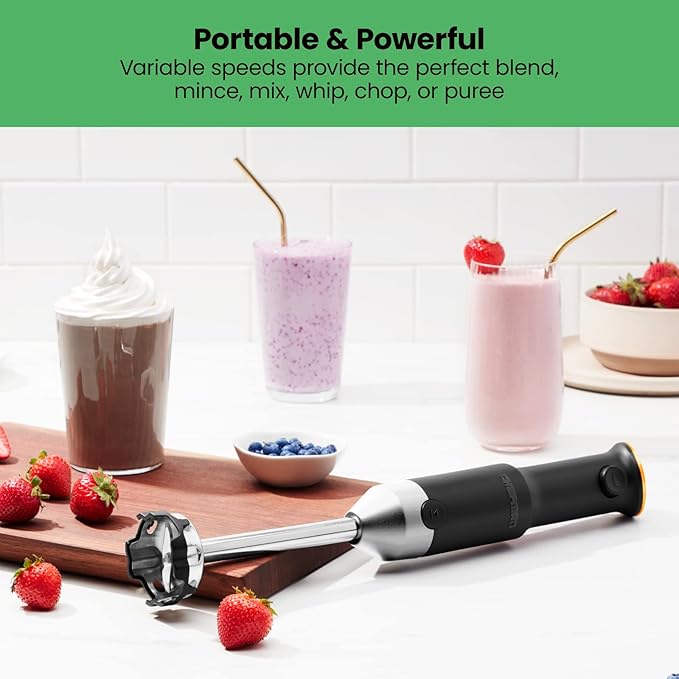 Chefman Cordless Power Portable Immersion Blender, Ice Crushing Power with One-Touch Speed Control, USB Charging, Quickly Mixes Smoothies, Purees Soups, Dips, Sauces, Storage Case, Stainless Steel