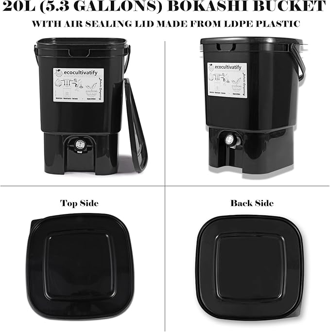 20L Bokashi Bucket with Air Sealing Lid, 5.28 Gallon Compost Bin, Kitchen Composter with Bran, Kitchen Compost Pail, ecocultivatify Bokashi Kit Set with Starter(Black)