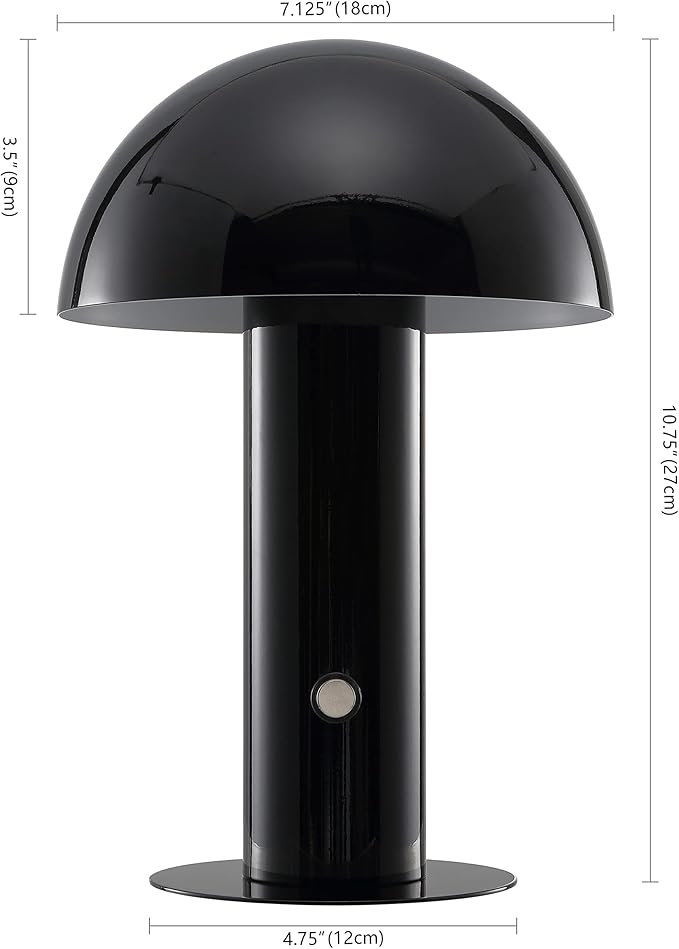 JONATHAN Y 10.75" Black Rechargeable LED Mushroom Table Lamp, Cordless Portable Bedside Lamp for Living Room Bedroom, 3-Way Dimmable Modern Iron Desk Light, Metal Shade JYL7115A