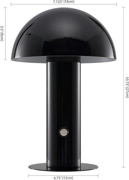 JONATHAN Y 10.75" Black Rechargeable LED Mushroom Table Lamp, Cordless Portable Bedside Lamp for Living Room Bedroom, 3-Way Dimmable Modern Iron Desk Light, Metal Shade JYL7115A