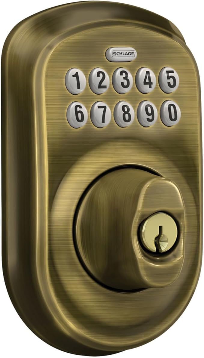 Schlage BE365 V PLY 609 Plymouth Keypad Deadbolt, Electronic Keyless Entry Lock, Antique Brass