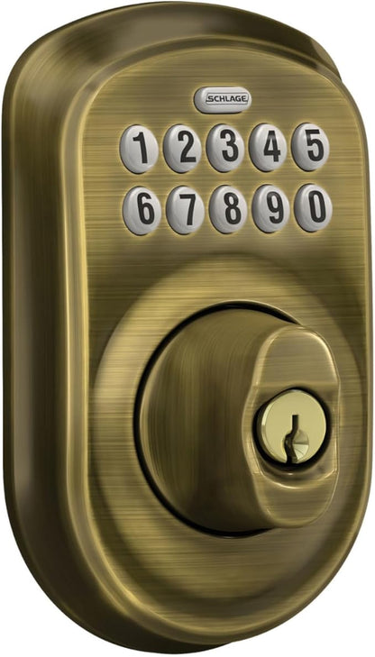 Schlage BE365 V PLY 609 Plymouth Keypad Deadbolt, Electronic Keyless Entry Lock, Antique Brass