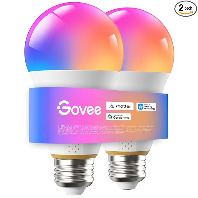 Govee 1600 Lumens Smart Light Bulbs, A21 LED Bulbs 100W Equivalent for Living Room, RGBWW Color Changing Light Bulbs Compatible with Matter, Alexa & SmartThings, CRI 90, E26 Base, 2.4GHz Only, 2-Pack