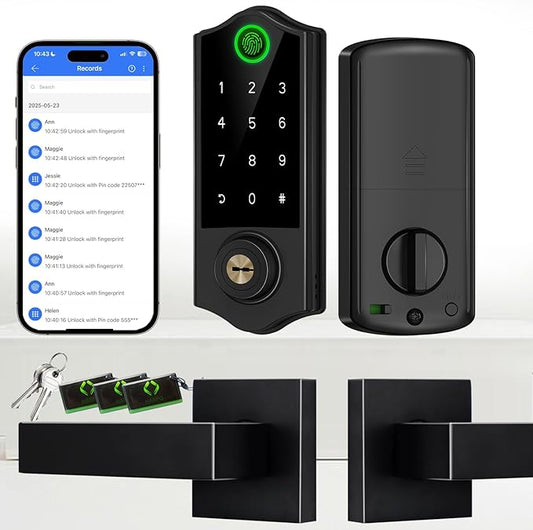 Harfo Fingerprint Smart Door Locks with Handles, App Control, Keyless Entry Front Door Lock Set, Bluetooth Digital Electronic Touchscreen Keypad Deadbolt, Easy Installation, Black
