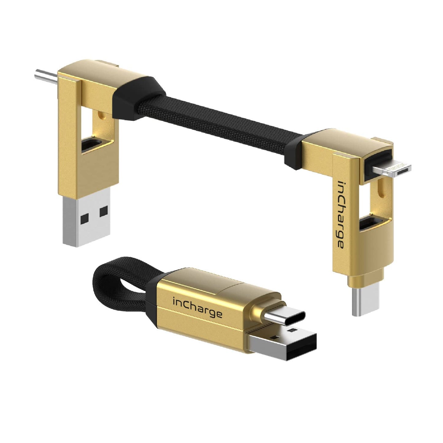 Rolling Square inCharge 6 - Keychain USB C Charger Cable, Lightning Cable and Micro-USB for Smartphone, Universal Cable Charger 6 in 1, USB Plug, 15W, Gold