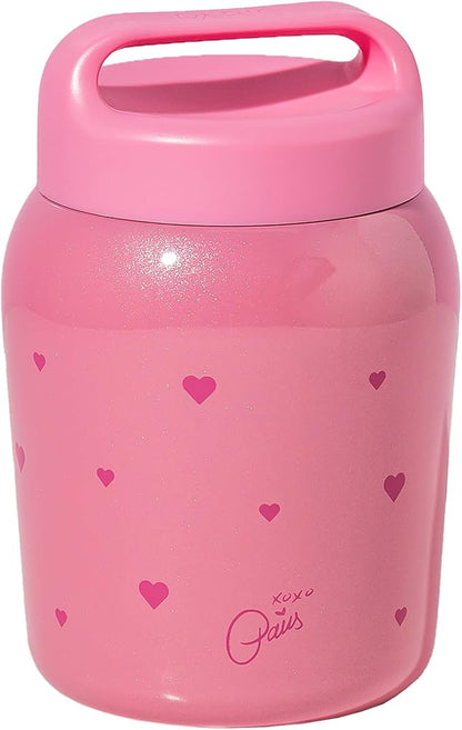 Paris Hilton Stainless Steel Food Jar, Double Wall Vacuum Sealed Insulated Food Storage Container with Carry Handle Lid, 24-Ounce, Pink with Heart Design