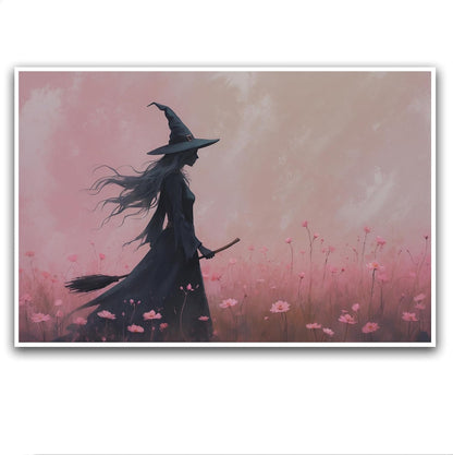 JFHCQJPK Witch in the pink sea of flowers Halloween prints weird flowers wall art silhouette painting fashionable romantic decoration suitable for bedroom16x24in Frameless