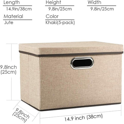 PRANDOM Collapsible Storage Containers with Lids [5-Pack] Jute Fabric Foldable Storage Bins Boxes Organizer Baskets Cube with Cover for Home Bedroom Closet Office Nursery (14.9x9.8x9.8)