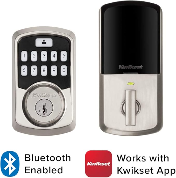 Kwikset 99420-001 Aura Bluetooth Programmable Keypad Door Lock Deadbolt Featuring SmartKey Security, Satin Nickel
