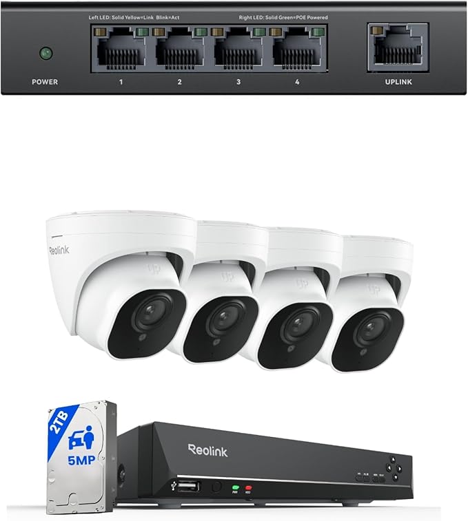 REOLINK 5MP 8CH PoE Security Camera System with 4 Cameras RLK8-520D4, 2TB HDD & 4+1 Port PoE Switch, Smart Detection, Night Vision, Plug & Play Surveillance Kit
