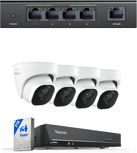 REOLINK 5MP 8CH PoE Security Camera System with 4 Cameras RLK8-520D4, 2TB HDD & 4+1 Port PoE Switch, Smart Detection, Night Vision, Plug & Play Surveillance Kit