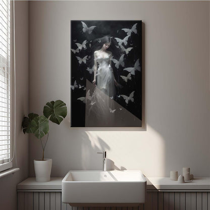 Vintage Gothic Feminine Canvas Wall Art Print Butterfly Poster Moody Female Wall Art Retro Artwork Dark College Decor for Home Bedroom12x16in Wood Framed
