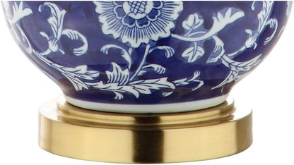 JONATHAN Y 27" Blue/White Ceramic Chinoiserie Table Lamp, Traditional Floral Double Gourd Vase Lamp with White Linen Drum Shade, Brass Gold Base, LED Bulb Included JYL3003A