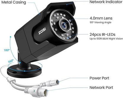 ZOSI 4K 8MP Security PoE IP Bullet Camera Outdoor Indoor with Audio, Human Detection, 100ft B&W Night Vision, 4.0mm Lens, 90° Viewing Angle, IP66 Weatherproof (Only Work 4K POE NVR)