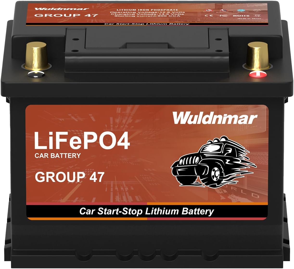 12V BCI Group 47 LiFePO4 Lithium Car Battery 600CCA Lightweight Automotive Start-Stop Battery Size H5