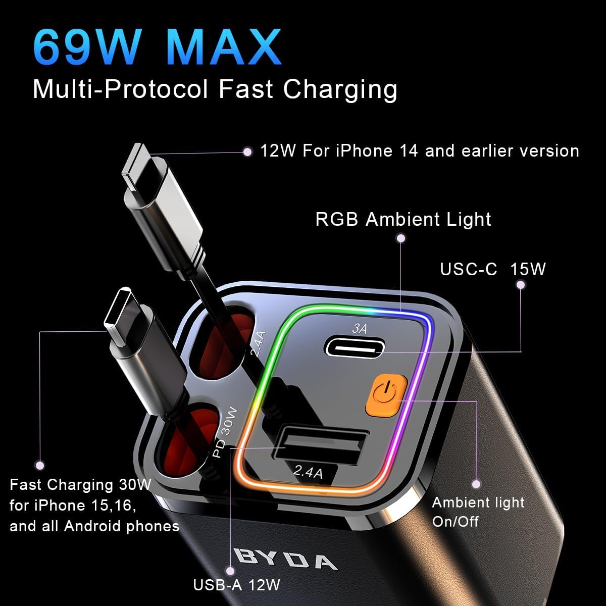 [2025 Mirco-Version] 4 in 1 Retractable Car Charger,69W Car Charger USB C,Cigarette Lighter Adapter,Fast Charging for iPhone 16e/16/15/14,13,Android (Orange, for Lightning+USB-C)