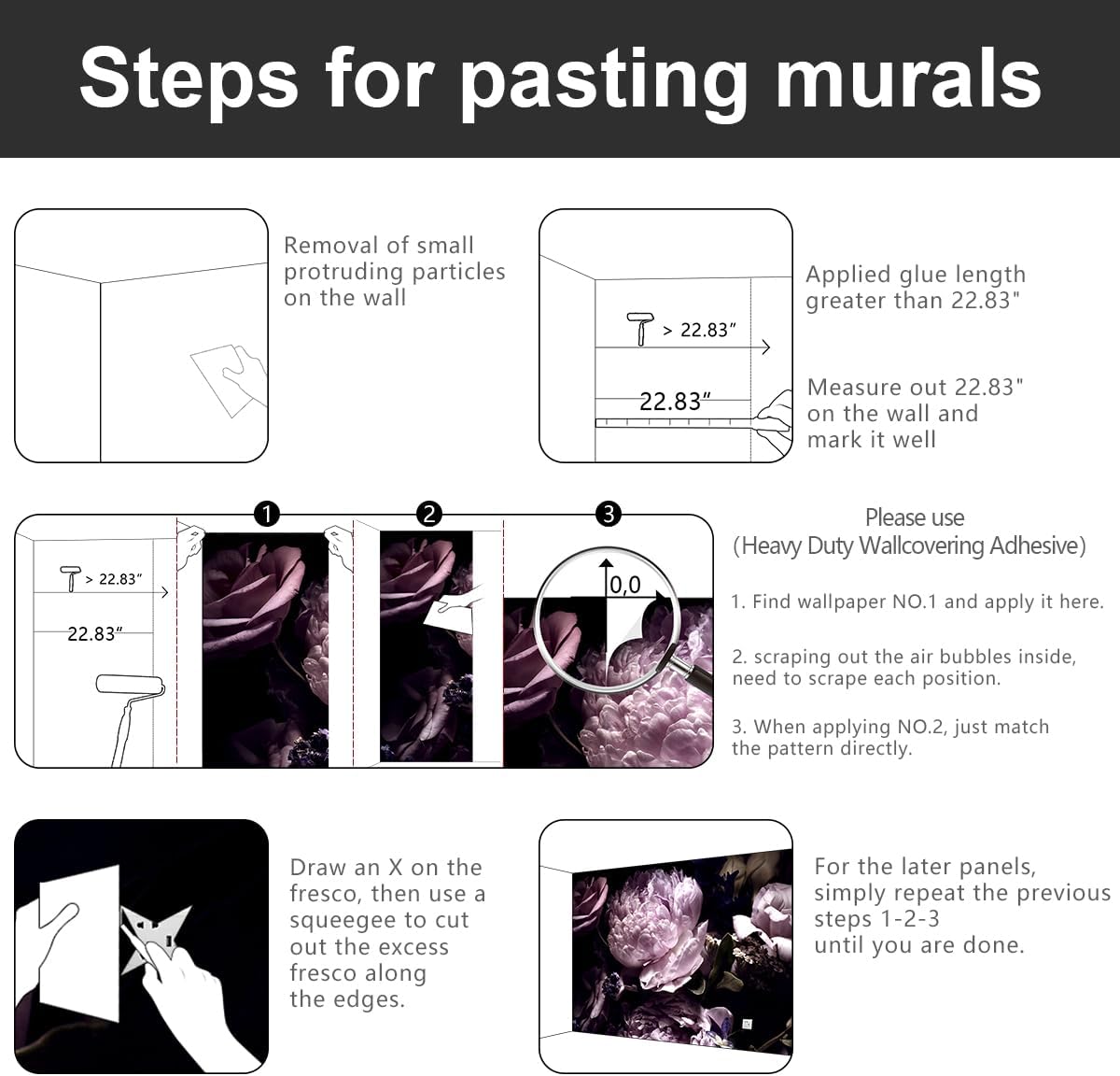 -Black Peony Purple Floral Botanical Fabric Wallpaper Living Room Bedroom Bathroom Dark Flowers Large Wall Mural- 137"x96"（ not Peel and Stick）