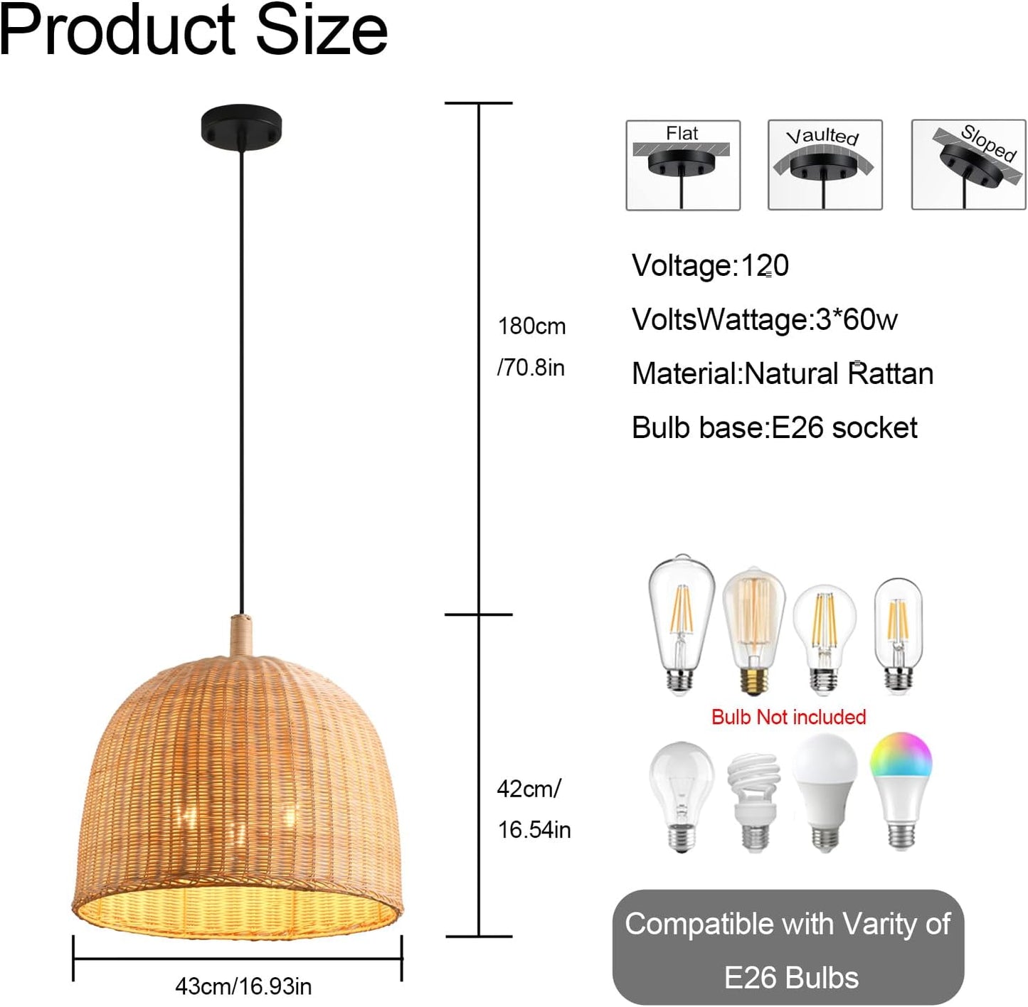 3-Light Rattan Pendant Light,17.7" Boho Pendant Light Wicker Hanging Light,Hand-Woven Rattan Chandelier for Dining Living Bedroom Kitchen Farmhouse