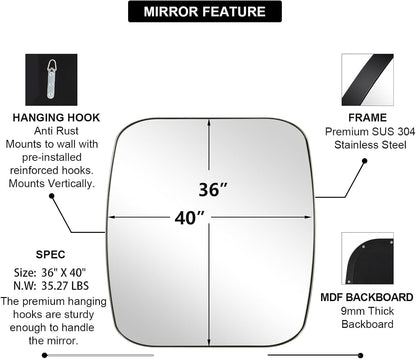 ANDY STAR Brushed Nickel Oblong Mirror, 36x40 Inch Brushed Nickel Oval Mirror for Bathroom with Stainless Steel Metal Frame, Wall Mouned for Bathroom, Living Room, Entryway