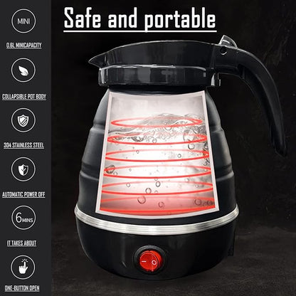 Travel Kettle Electric Small Foldable Portable Kettle,Silicone Collapsible Heating Water Boiler Tea Pot for Camping,Easy for Storage with Separable Power Cord (Black)