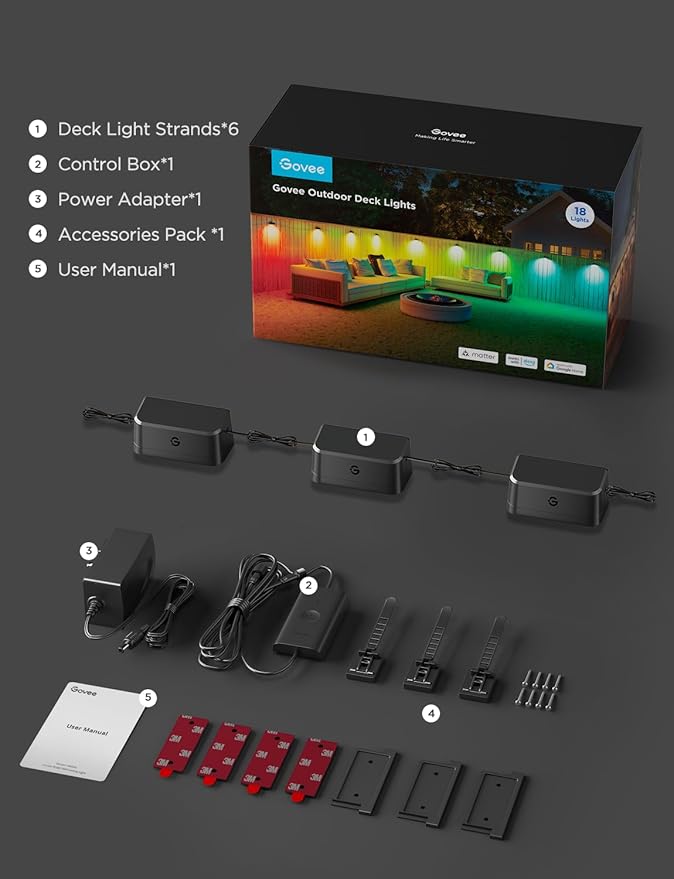 Govee Outdoor Deck Lights, Smart WiFi Outdoor Lights Work with Alexa, Google, Matter, App Control, IP65 Waterproof, Color Changing Fence Lights for Fence, Patio Decoration, Wired 18 Packs (112ft)