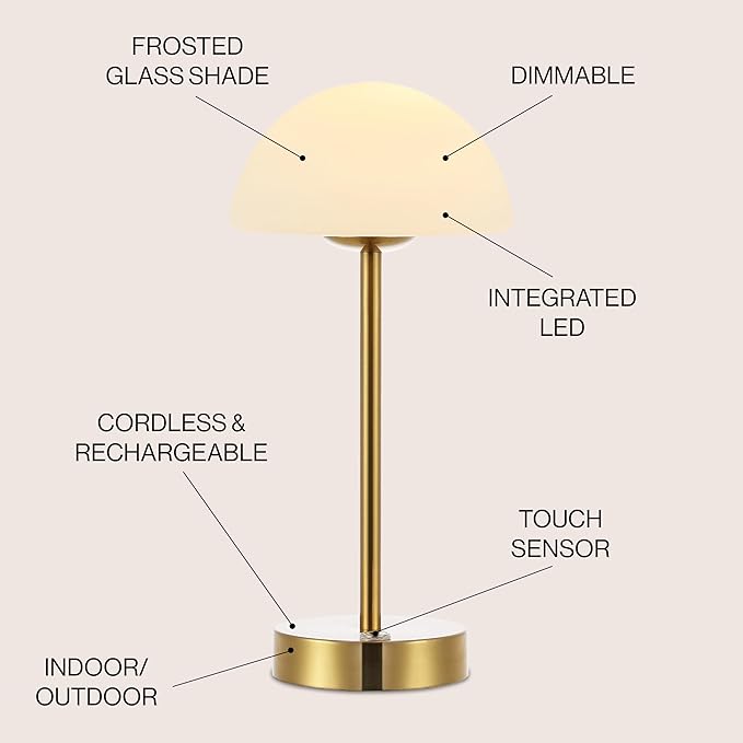 JONATHAN Y 12.5" Brass Gold/White Modern Rechargeable Portable LED Table Lamp, Cordless Dimmable Touch Accent Lamp with White Frosted Glass Shade for Bedroom Living Room Bar Vanity (JYL7109C)