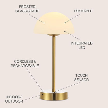 JONATHAN Y 12.5" Brass Gold/White Modern Rechargeable Portable LED Table Lamp, Cordless Dimmable Touch Accent Lamp with White Frosted Glass Shade for Bedroom Living Room Bar Vanity (JYL7109C)