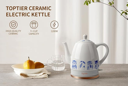 Toptier Electric Ceramic Tea Kettle, Boil Water Quickly and Easily, Detachable Swivel Base & Boil Dry Protection, Carefree Auto Shut Off, 1.5 L, Greedy Cat