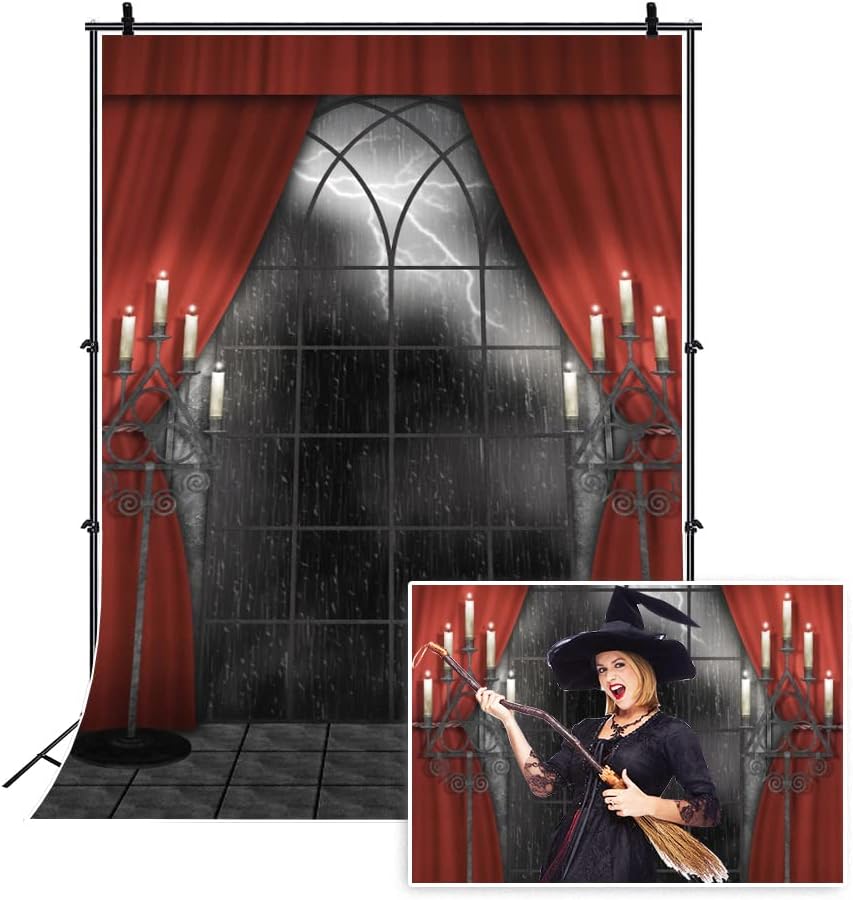 Renaiss 8x12ft Vintage Gothic Window Backdrop Red Curtain Candlestick Black Floor Lightning Stormy Sky Vampire Medieval Castle Photography Background Halloween Dress Up Party Decors Photo Booth Props